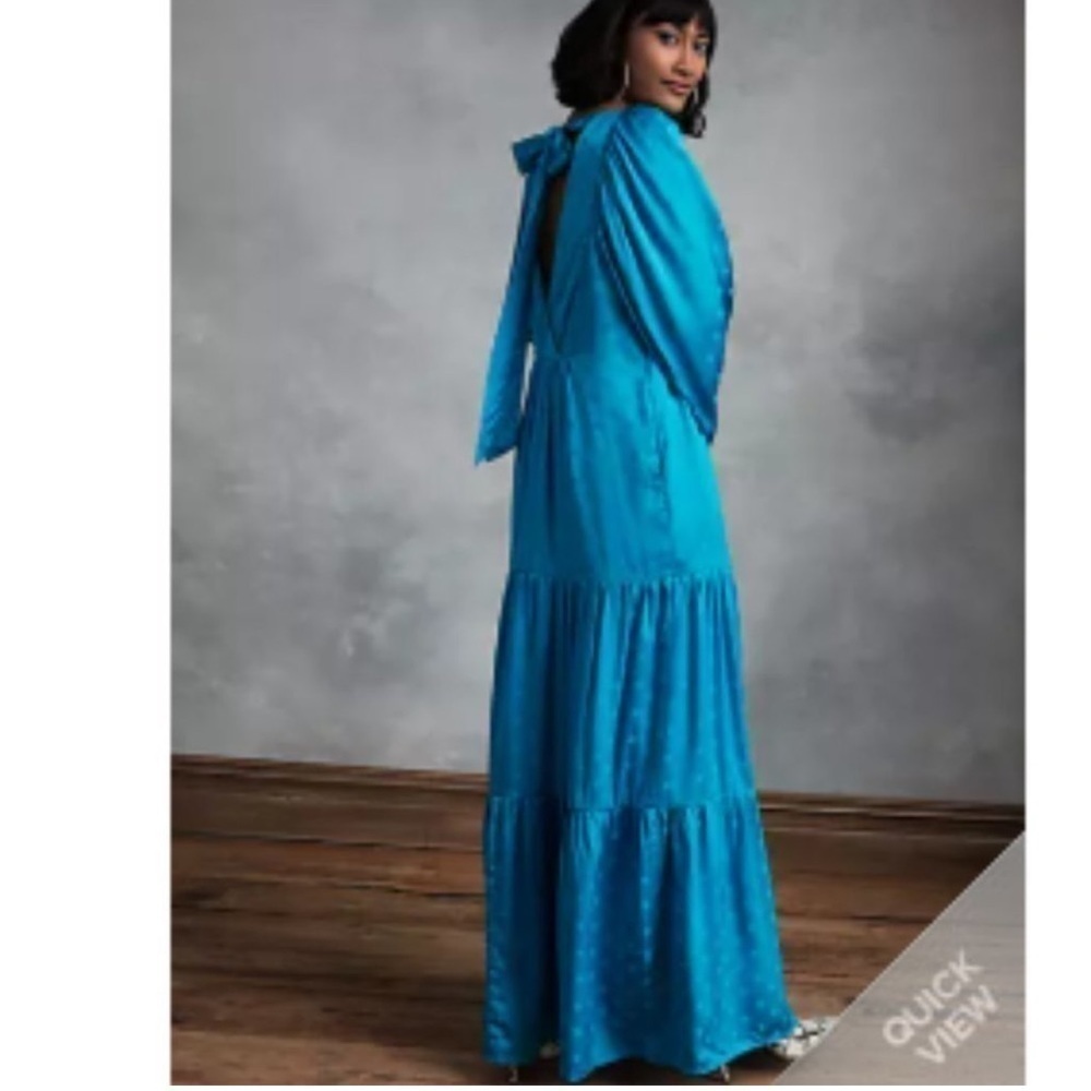 HAPPY NATURE DAYDREAM blue satin maxi dress tiered ruffle polka dot wide sleeve